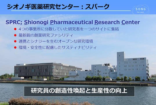研究機能の中枢となる医薬研究センター「SPRC(スパーク:Shionogi PharmaceuticaとResearch Center)」。最新鋭の研究設備が揃っているほか、自然にシナジーが生まれるようにオープン空間の多い構造になっています。さまざまな分野の専門性が重なり、オリジナリテイの高い研究が進められています。
